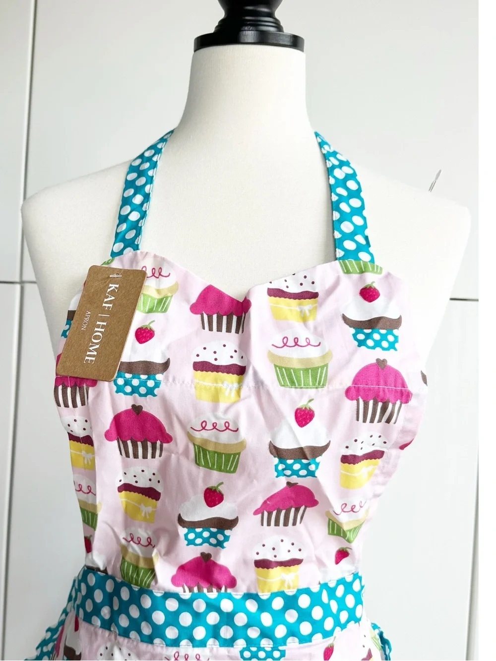 Cupcake Apron Pink with Blue White Polka Dot Ruffle Trim One Size